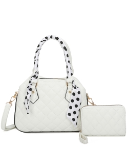 Quilted Scarf Top Handle Satchel 2-in-1 Set LF478S2 WHITE